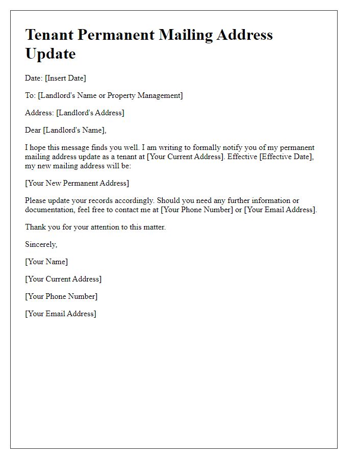 Letter template of Tenant Permanent Mailing Address Update