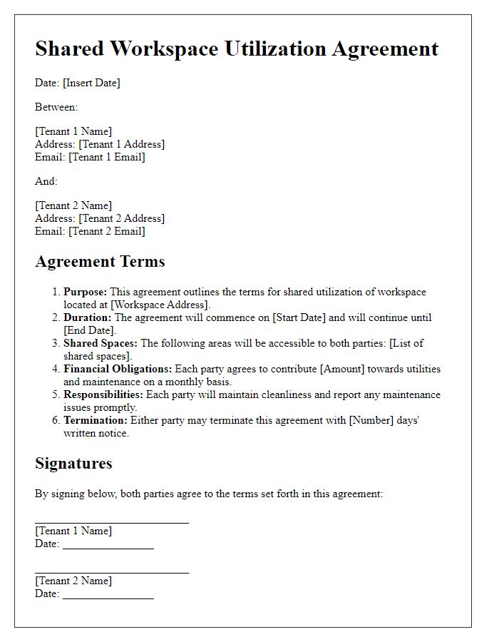 Letter template of agreement for shared workspace utilization by tenants