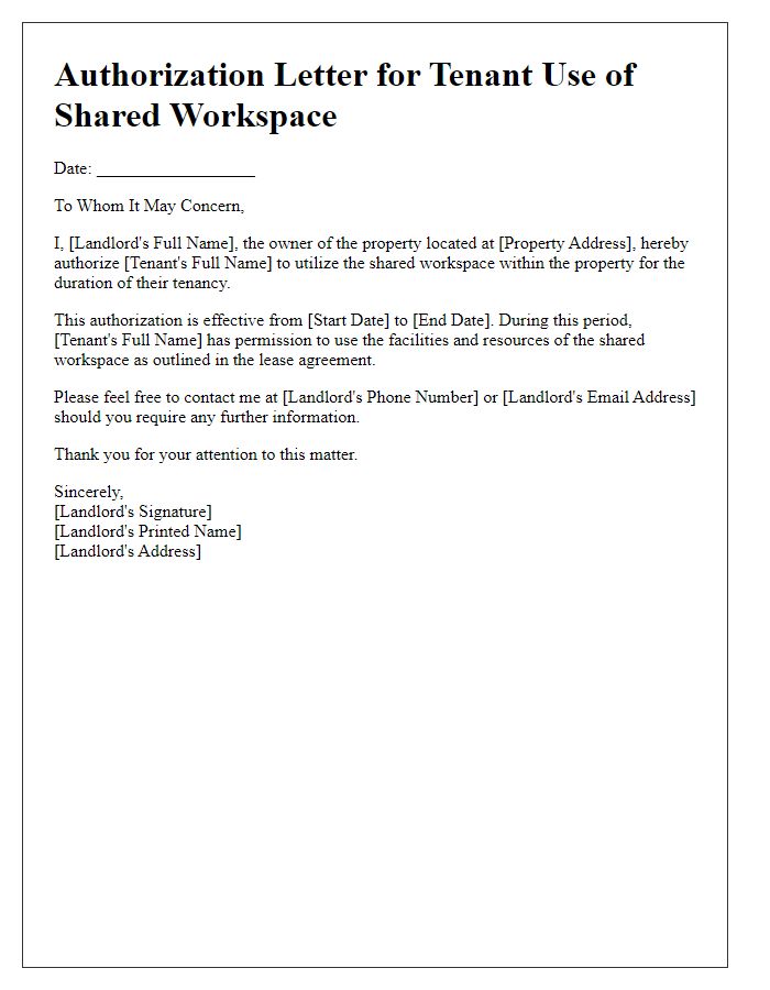 Letter template of authorization for tenant use of shared workspace