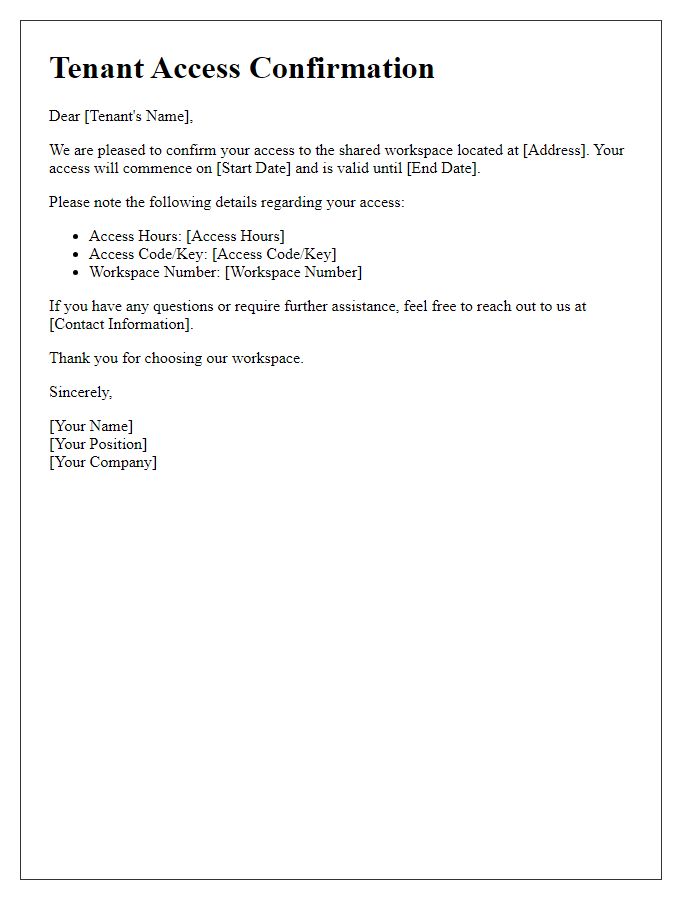 Letter template of confirmation for tenant access to shared workspace