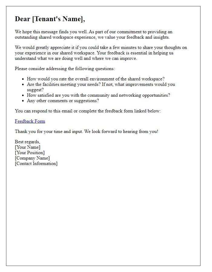 Letter template of feedback request from tenants about shared workspace experience