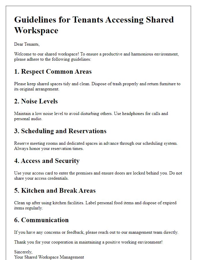 Letter template of guidelines for tenants accessing shared workspace