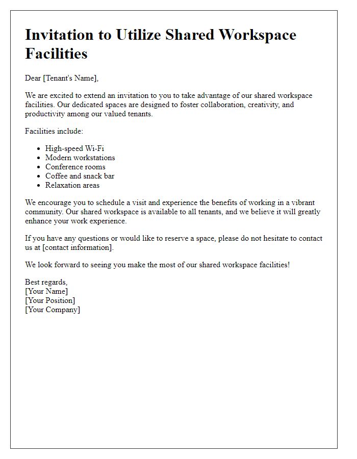 Letter template of invitation for tenants to utilize shared workspace facilities