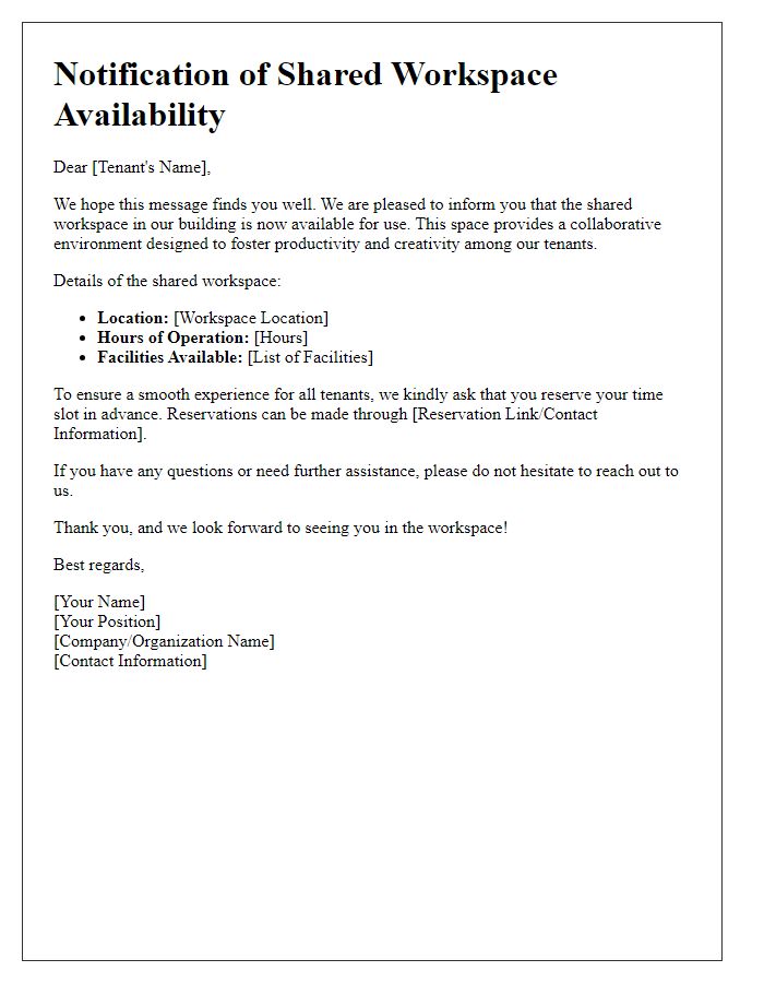 Letter template of notification for tenants regarding shared workspace availability