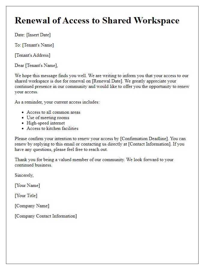 Letter template of renewal for tenant access to shared workspace