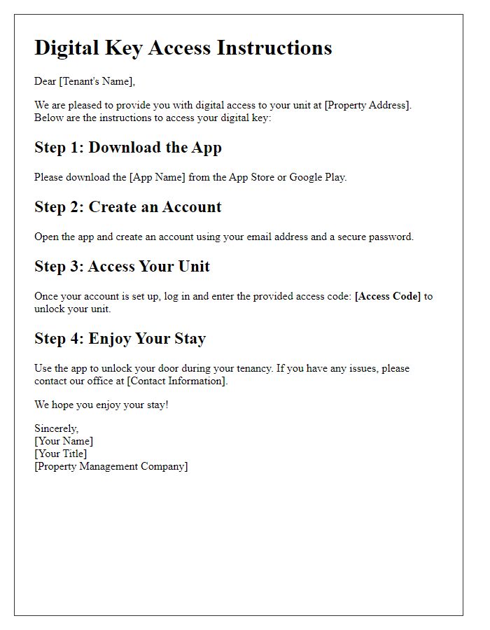 Letter template of Digital Key Access Instructions for Tenants