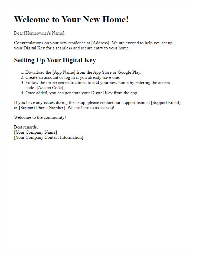 Letter template of Digital Key Setup for Your New Home