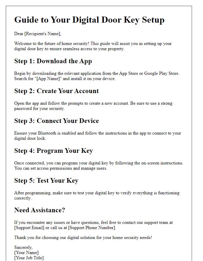 Letter template of Guide to Your Digital Door Key Setup