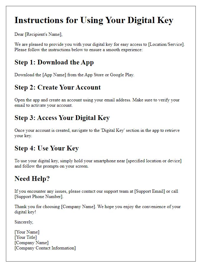 Letter template of Instructions for Digital Key Use