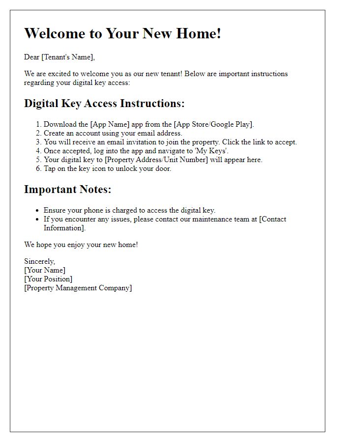 Letter template of New Tenant Digital Key Instructions