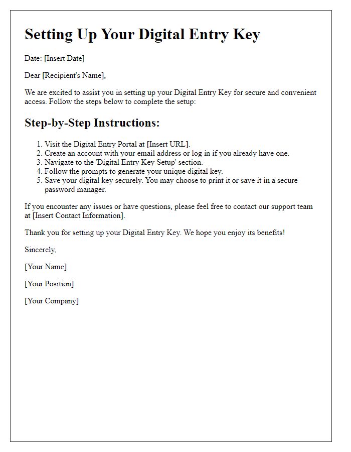 Letter template of Setting Up Your Digital Entry Key