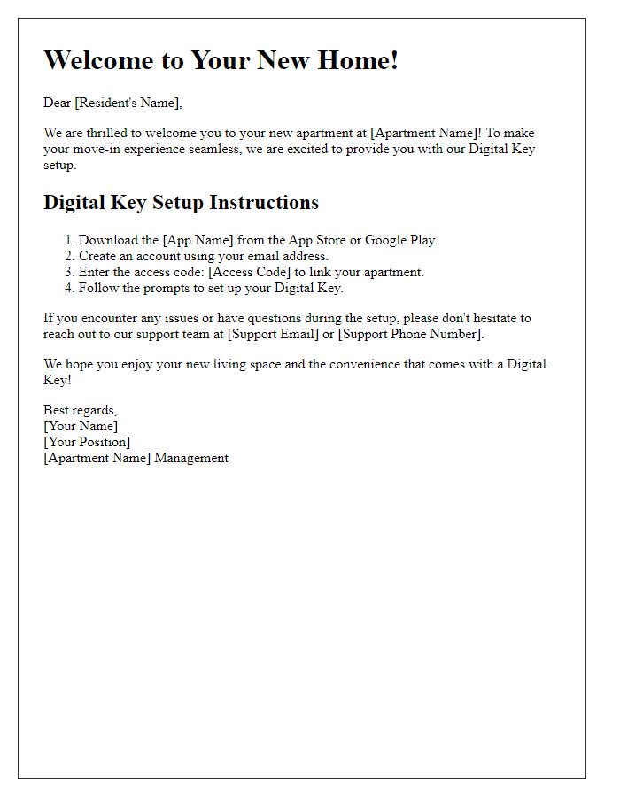 Letter template of Welcome: Digital Key Setup for Your Apartment