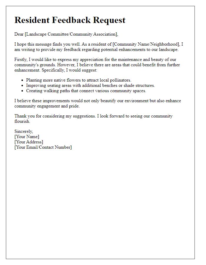 Letter template of resident feedback needed for landscape enhancement