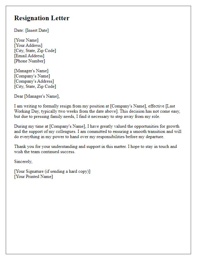 Letter template of resignation to attend to family needs