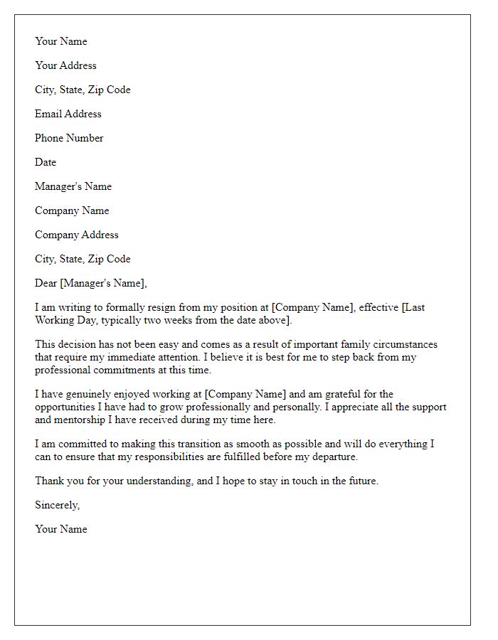 Letter template of resignation tied to family situations