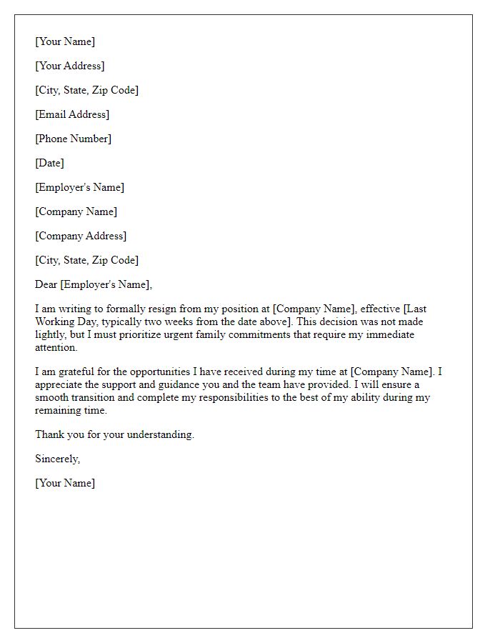 Letter template of resignation for urgent family commitments