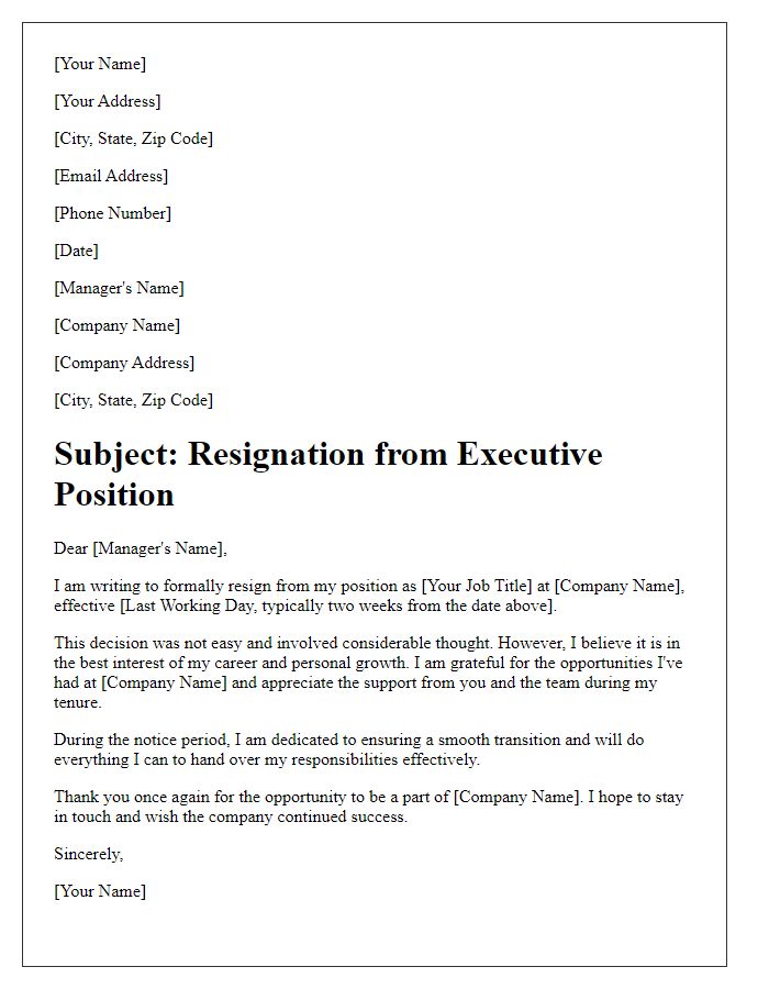 Letter template of formal resignation from executive position.