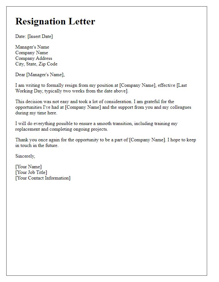 Letter template of resignation communication for managers.