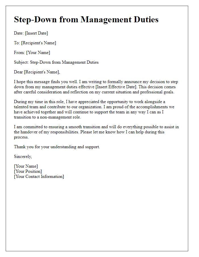 Letter template of step-down from management duties.