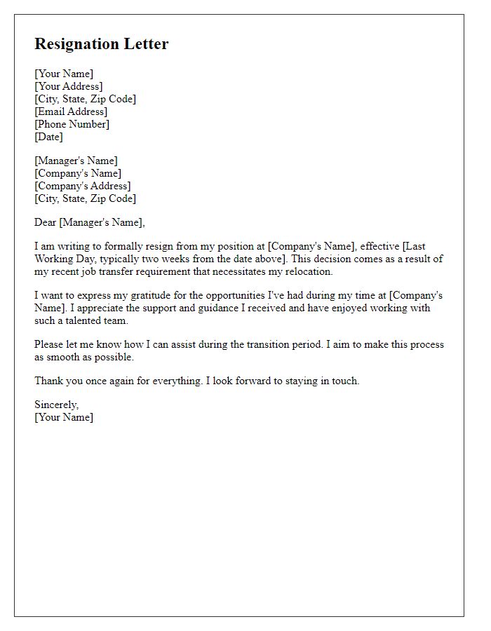 Letter template of resignation based on a job transfer requirement