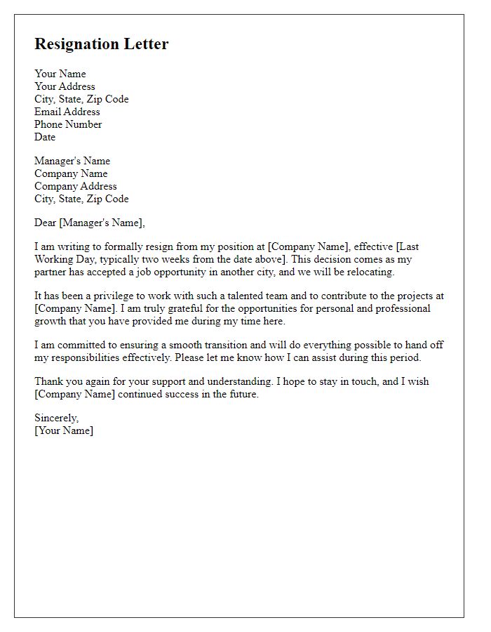 Letter template of resignation triggered by a partner's job move