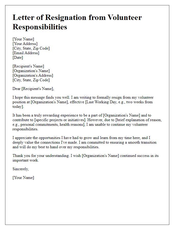 Letter template of forgoing volunteer responsibilities