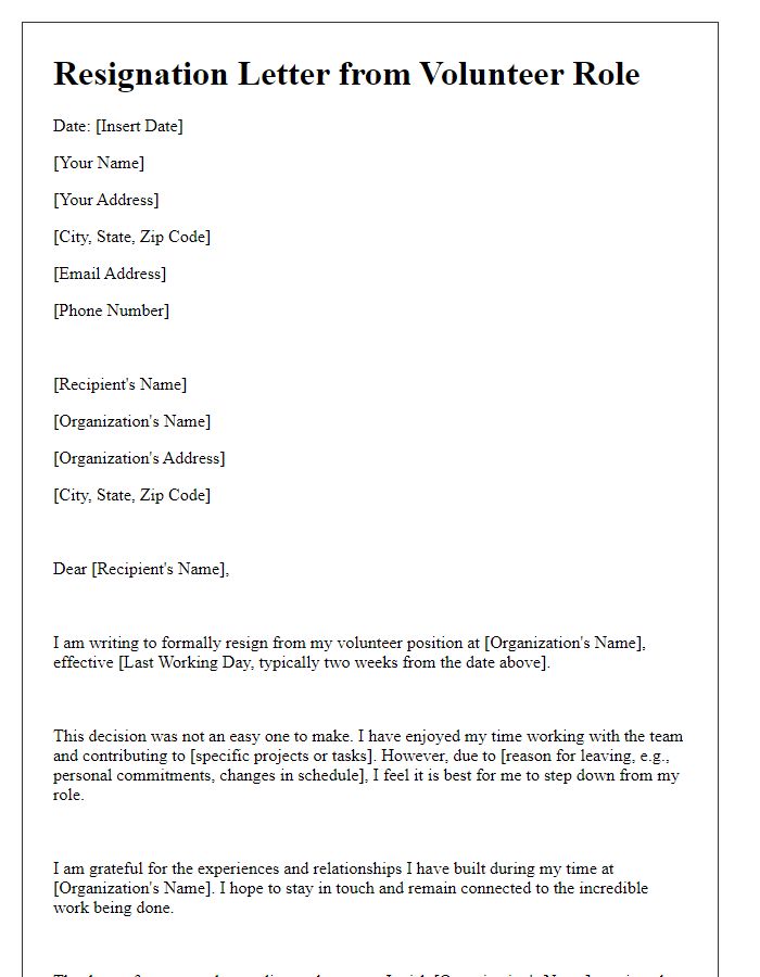 Letter template of resignation from volunteer role