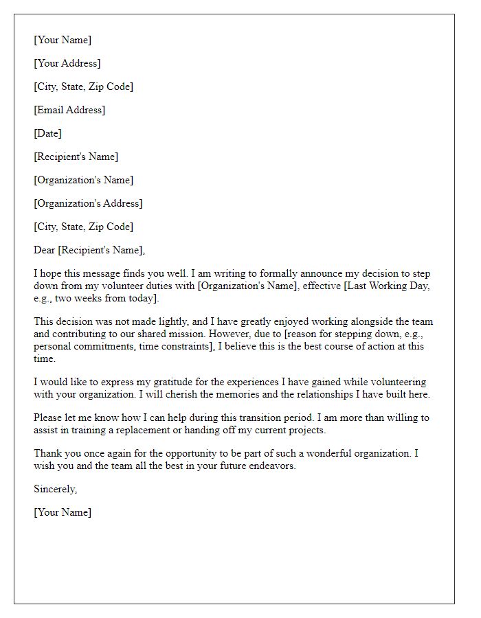 Letter template of stepping down from volunteer duties