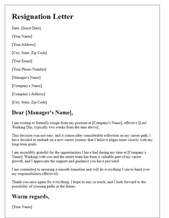 Letter template of resignation for embarking on a career journey