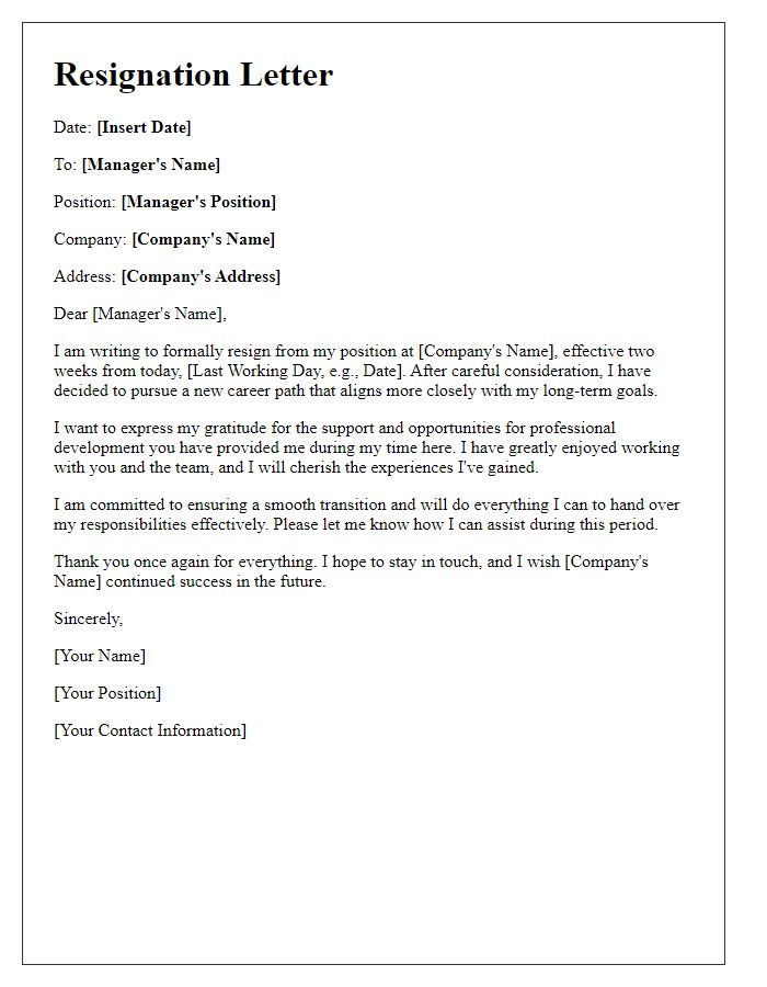 Letter template of resignation to follow a new career path