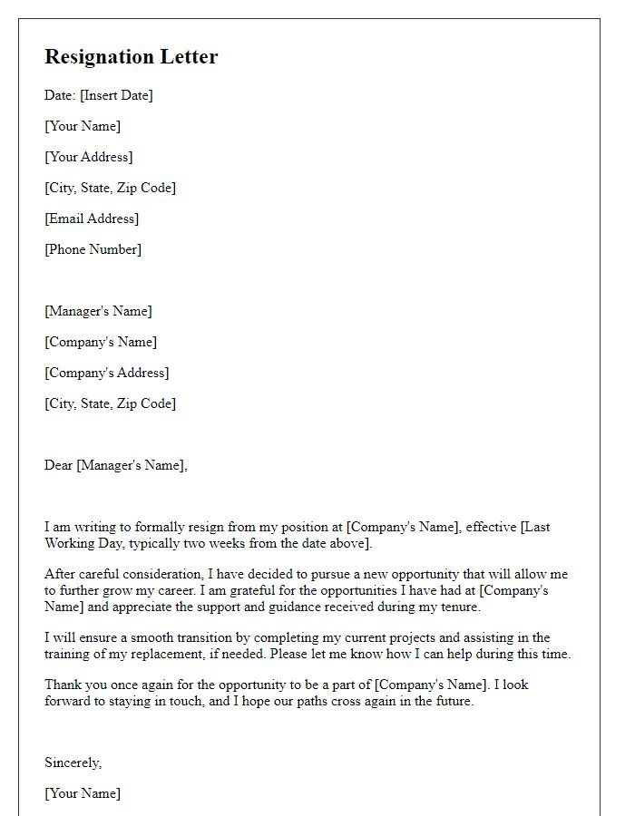 Letter template of resignation for a job change