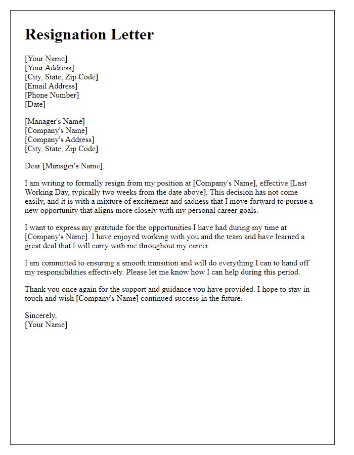 Letter template of resignation for personal career advancement