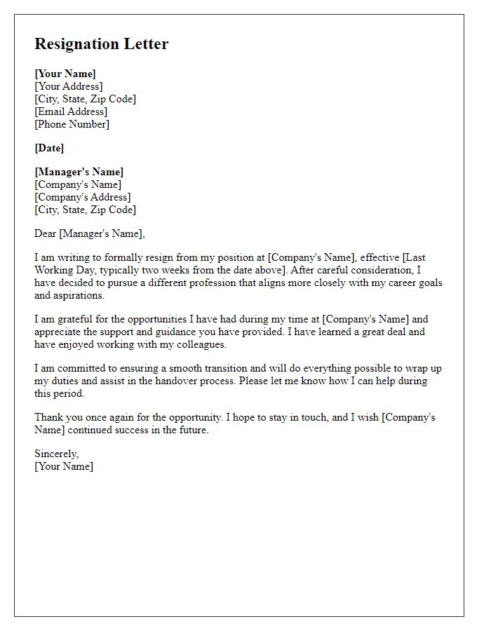 Letter template of resignation for pursuing a different profession