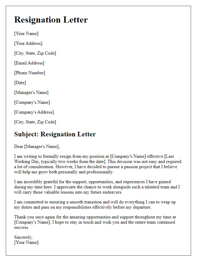 Letter template of resignation for the pursuit of a passion project