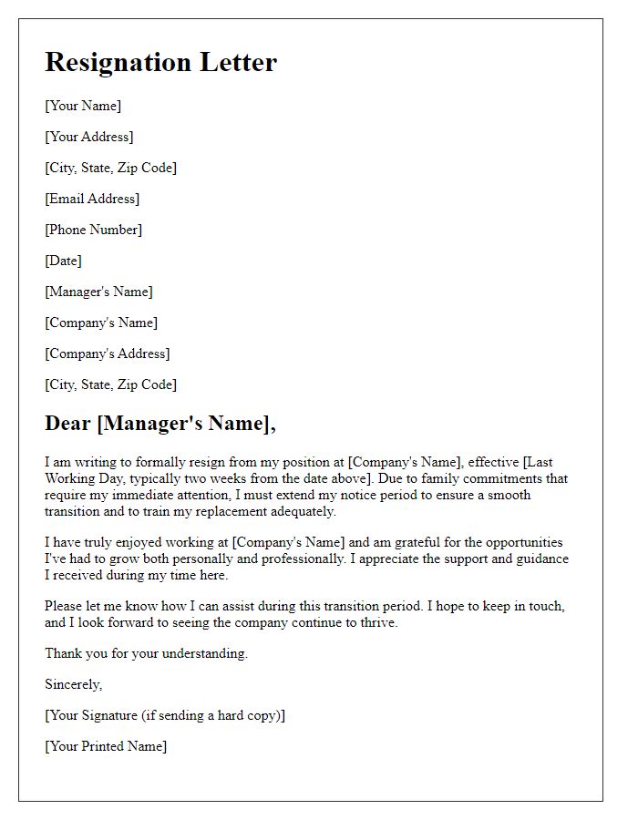 Letter template of resignation with extended notice for family commitments