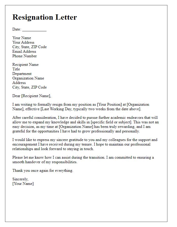 Letter template of resignation for academic pursuits.