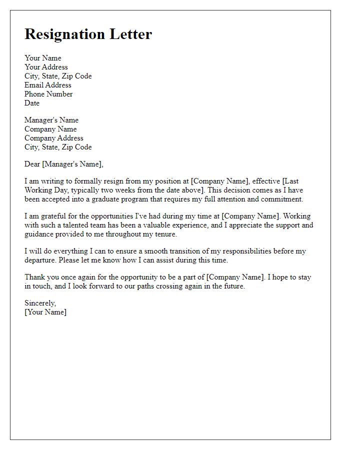 Letter template of resignation for attending graduate school.