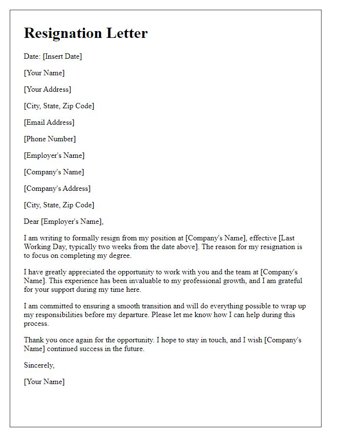 Letter template of resignation to complete a degree.