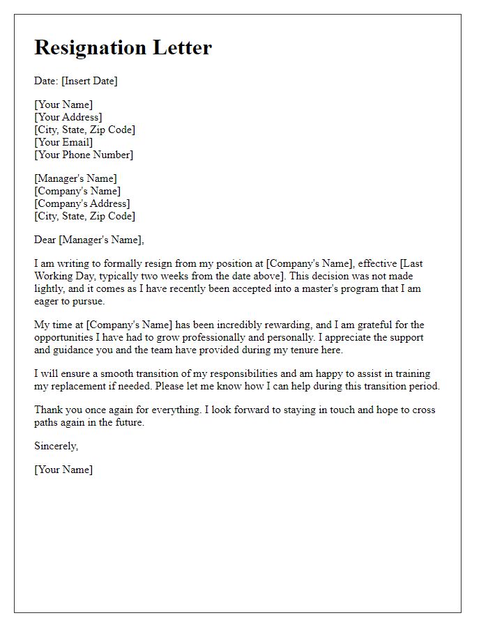 Letter template of resignation for enrolling in a master's program.