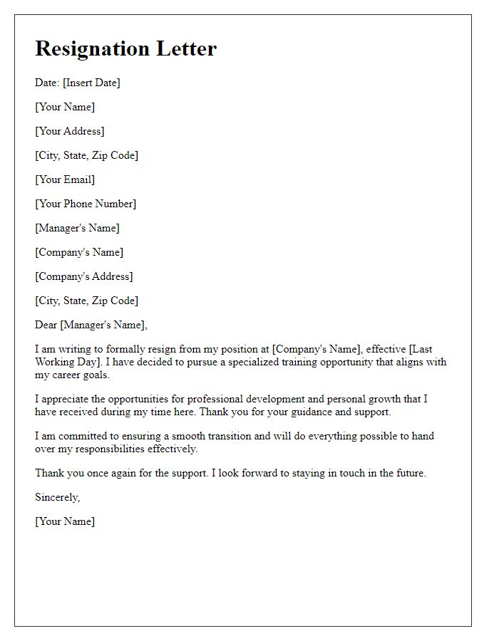 Letter template of resignation for specialized training.