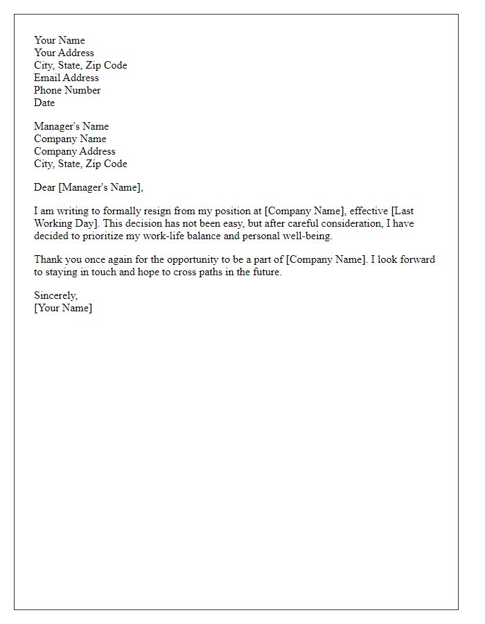 Letter template of resignation for improved work-life balance.