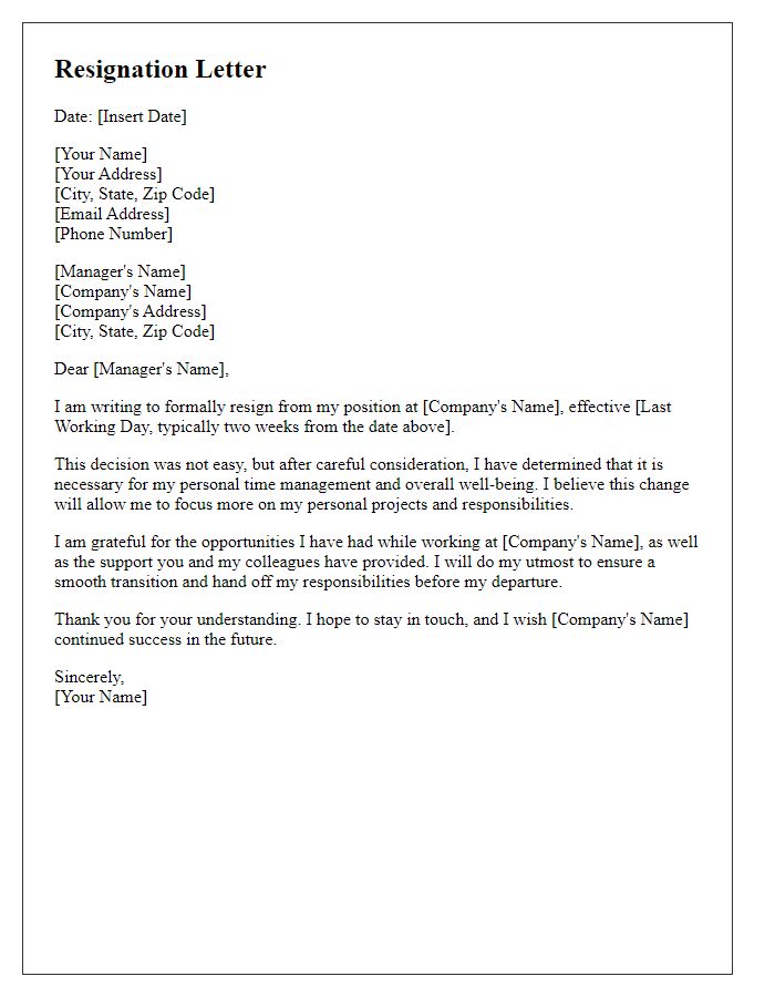 Letter template of resignation for personal time management.