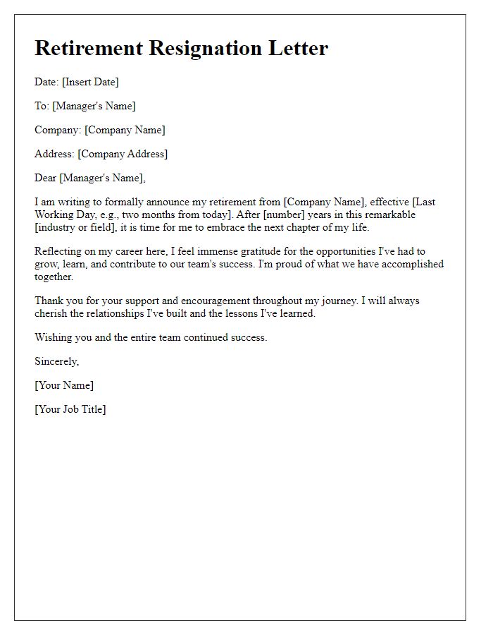 Letter template of concise retirement resignation marking the end of a successful career