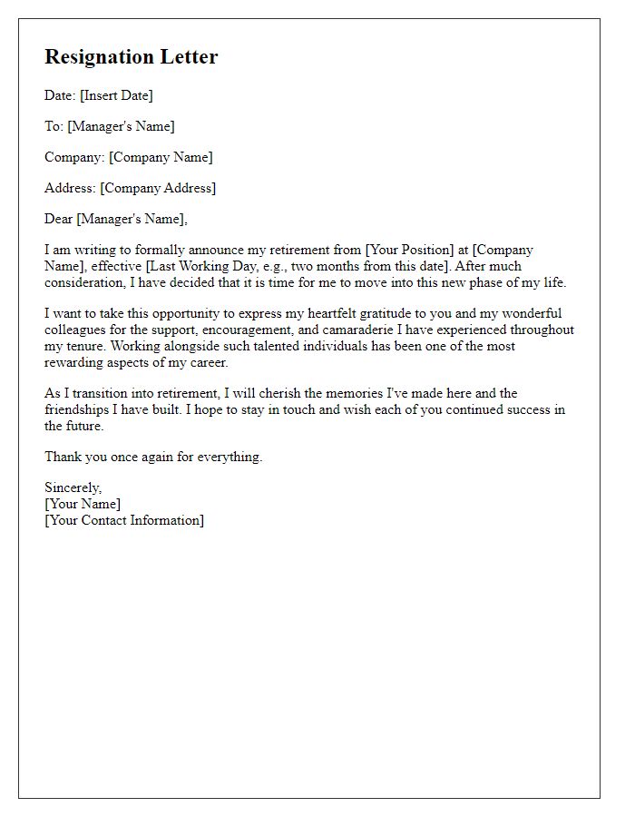 Letter template of positive retirement resignation expressing appreciation for colleagues