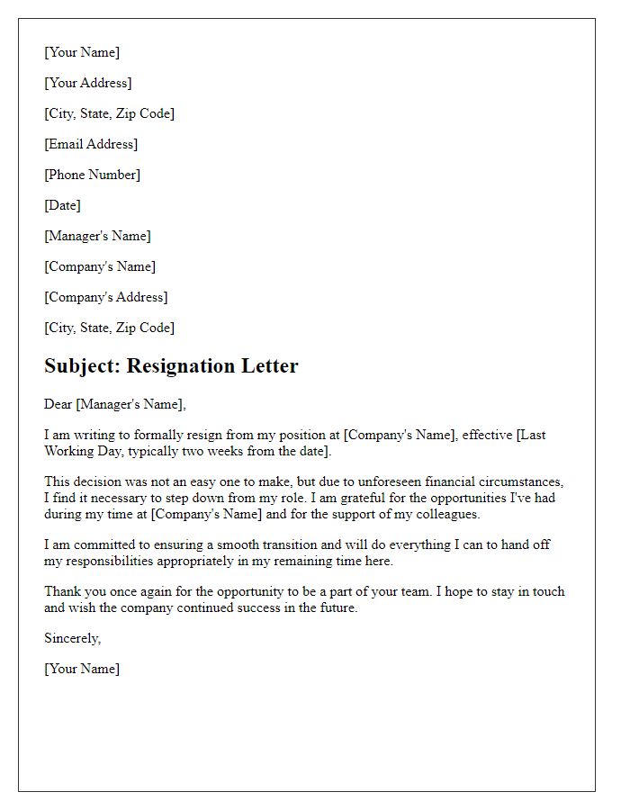 Letter template of resignation for financial reasons.