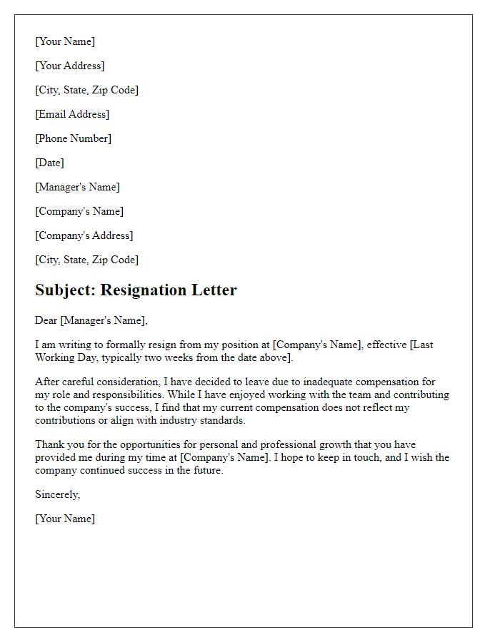 Letter template of resignation for inadequate compensation.