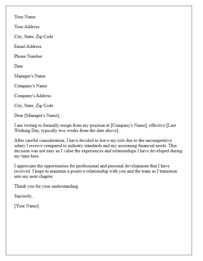 Letter template of resignation over uncompetitive salary.