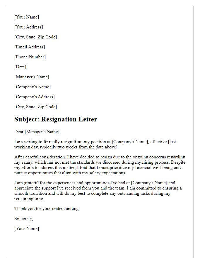 Letter template of resignation related to unmet salary standards.