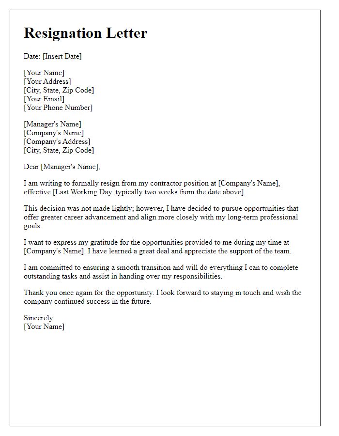 Letter template of resignation for contractor position seeking career advancement.