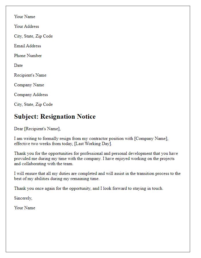 Letter template of resignation for contractor position with two weeks' notice.